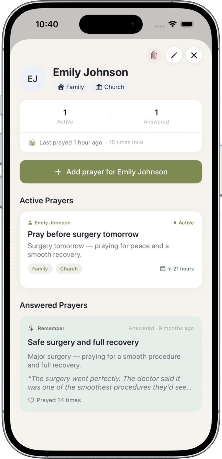 Person detail and follow-up screen in PrayerMemo