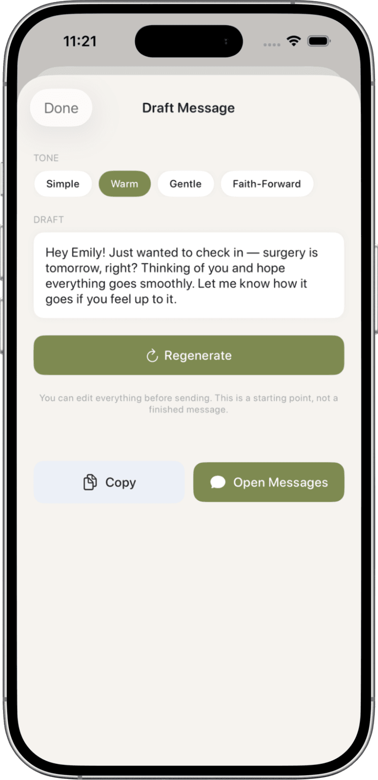 PrayerMemo Draft Message screen — choose a tone and draft a follow-up message