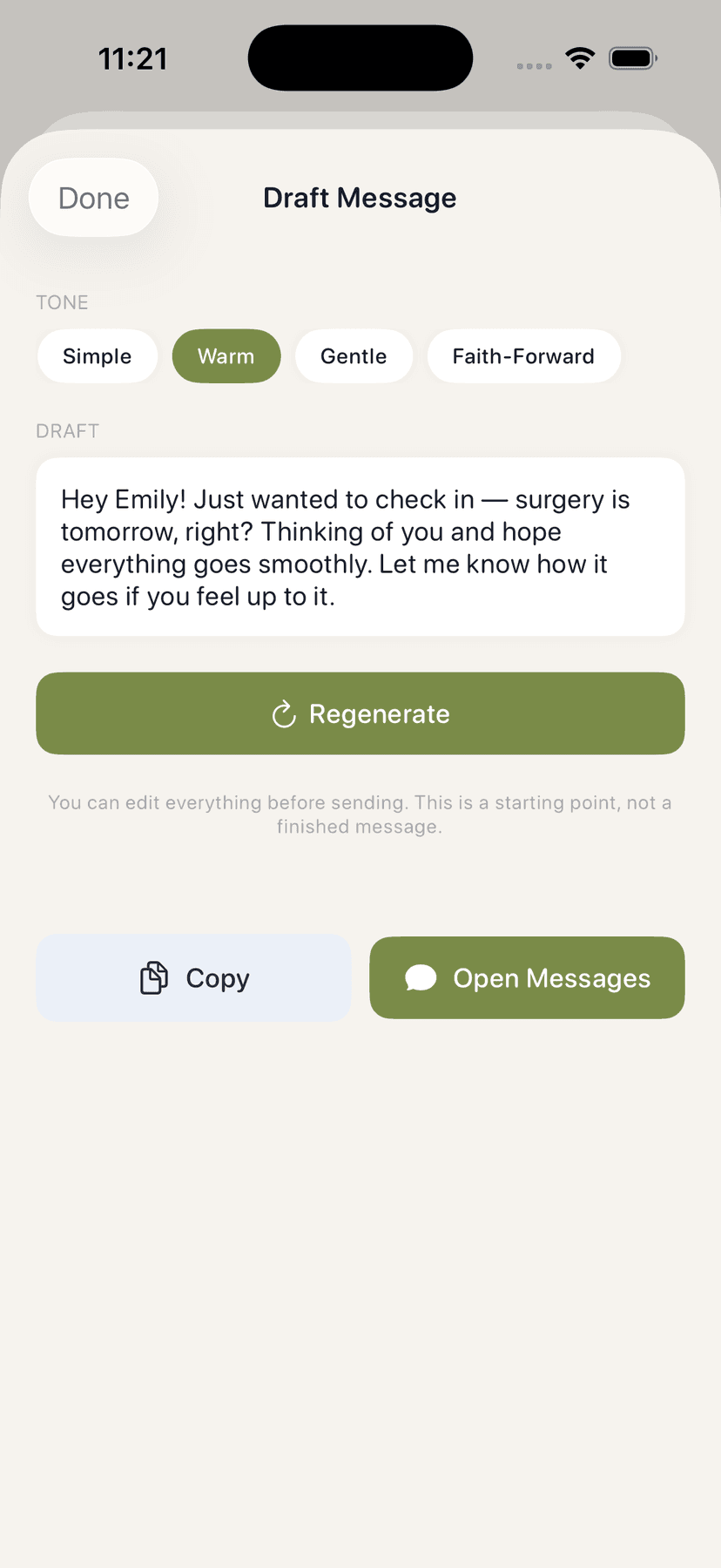 PrayerMemo Draft Message screen showing a warm, personal follow-up message