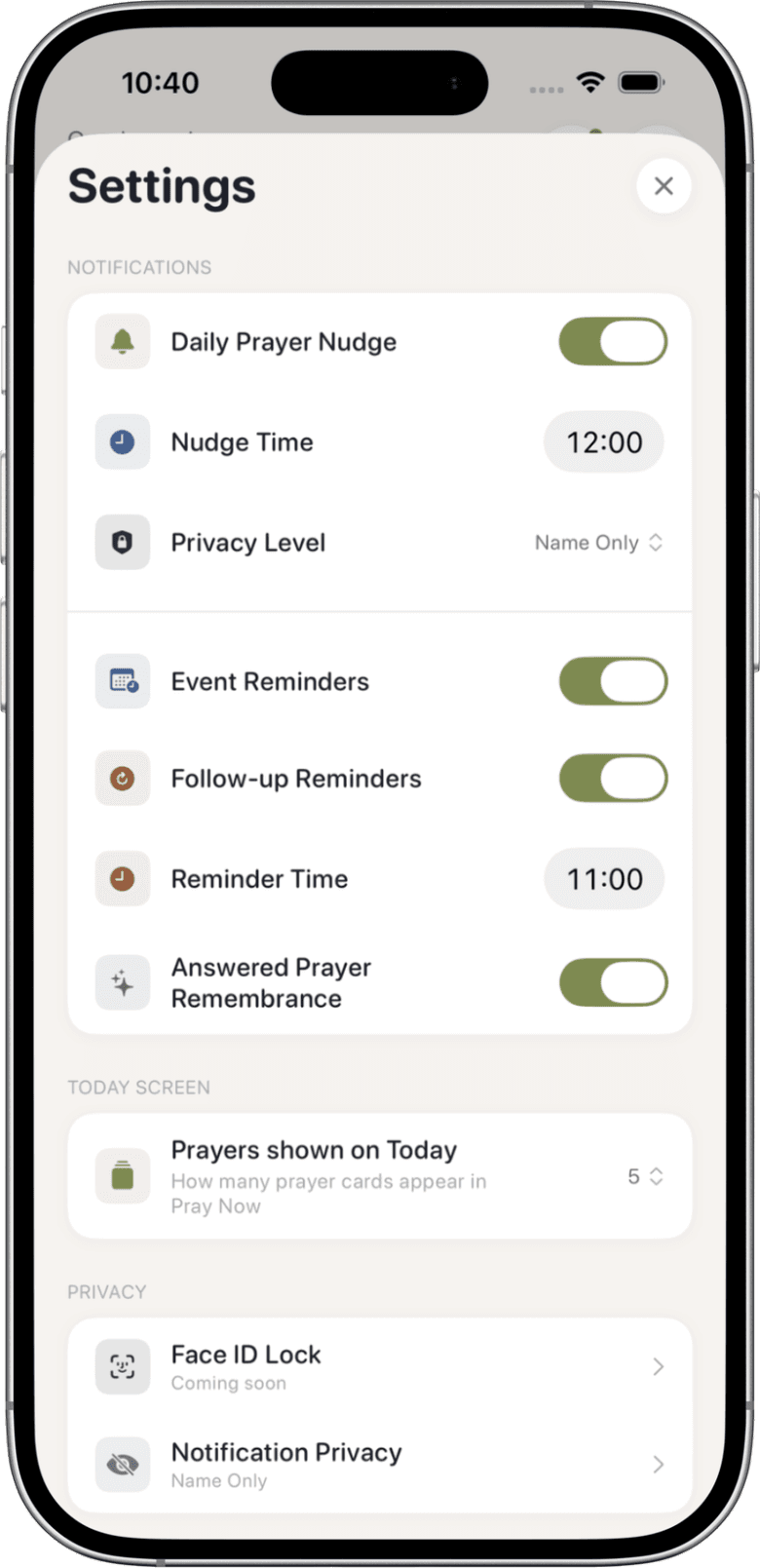 Gentle reminder settings in PrayerMemo