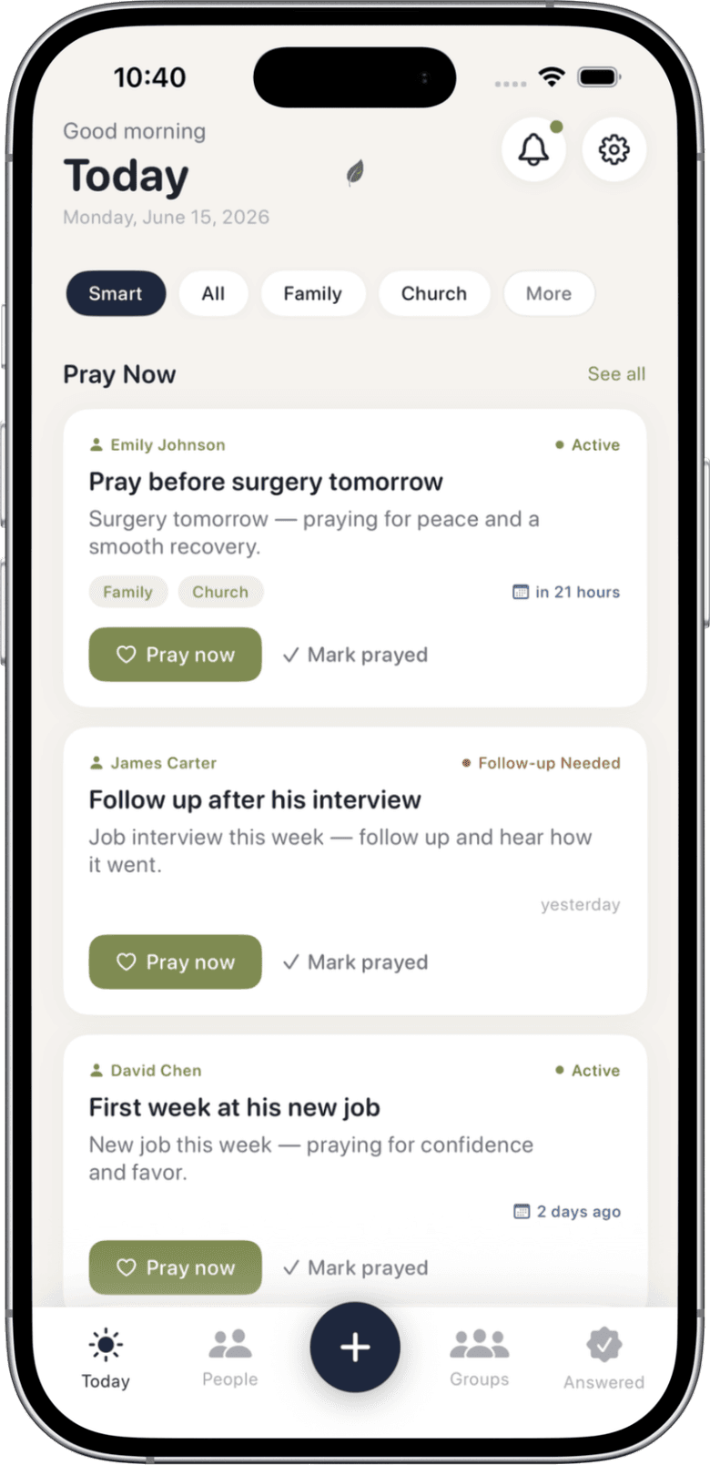 Today's Prayer Focus screen in PrayerMemo